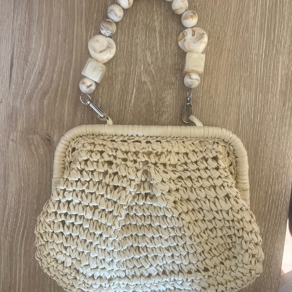 Beige Woven Handbag with Beaded Handle - Picture 1 of 4